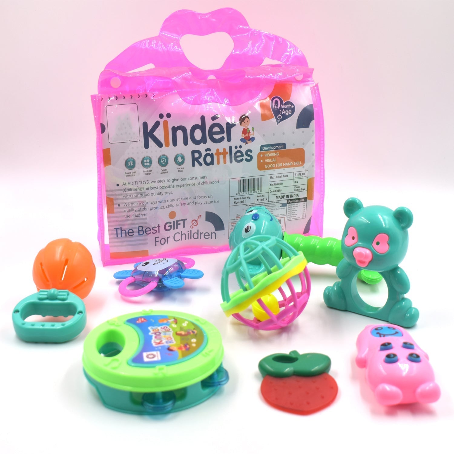 Colorful baby rattle toy designed for sensory development and play. Colorful baby rattle toy designed for sensory development and play.